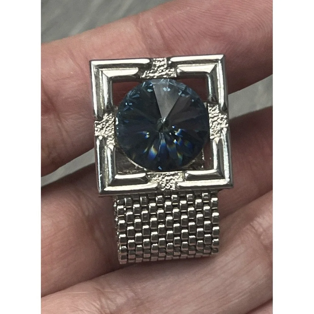 Vintage Men's Cufflinks Silver-Tone Mesh Faceted Blue Stone Square Frame